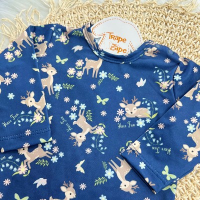 Conj. Body Manga Longa e Calça em Malha Térmica Rena com Flores - Azul Marinho